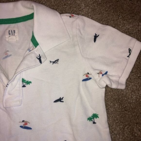 GAP Kids S White Polo Shirt Surfer Shark & Palm Tree Print Cotton Short Sleeve - Picture 3 of 6